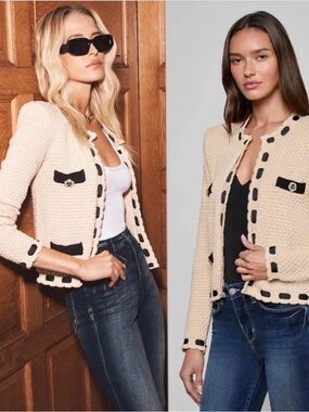 L'AGENCE Astor Beige Knit Cardigan with Black Trim Sz Medium.
